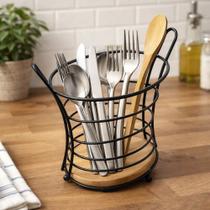 Suporte Talheres Ecowood Moderno Escorredor Louça Aramado Preto Metálico Madeira Utensílios Suporte Talheres Ecowood Moderno Escorredor Louça Aramado Preto Metálico Madeira Utensílios