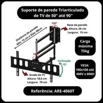 Suporte triarticulado para TV, monitor 50" a 90" com inclinação Suporte triarticulado para TV, monitor 50" a 90" com inclinação