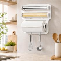 Suporte Triplo 4 em 1 Papel Toalha Alumínio Filme PVC Parede com Ganchos Branco Suporte Triplo 4 em 1 Papel Toalha Alumínio Filme PVC Parede com Ganchos Branco