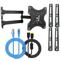 Suporte TV Articulado Universal 14 a 55 Polegada + Cabo HDMI 2m + Cabo de Rede RJ45 Azul 3m
