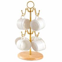 Suporte Vertical Para Xícaras Dourado Base Madeira - Quanhe