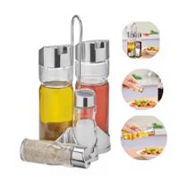 Suporte vinagre cromado jogo vidro kit azeite 5 peças galheteiro completo