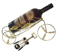 Suporte vinho garrafa mini adega decoração gold bike carroça + saca rolhas