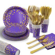 Suprimentos de festa AIRE 175 unidades, pratos de papel dourado roxo para 25 convidados