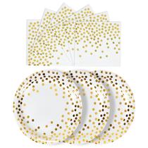 Suprimentos de festa CENLBJ, pratos e guardanapos de papel branco e dourado