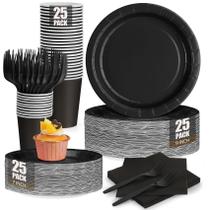 Suprimentos de festa CENLBJ: pratos e guardanapos de papel preto x25