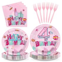 Suprimentos de festa Grencian Spider 4th Birthday Pink serve 24