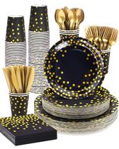 Suprimentos de festa Lzerking Black and Gold 364 unidades para 52 convidados Suprimentos de festa Lzerking Black and Gold 364 unidades para 52 convidados