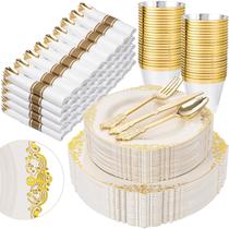 Suprimentos de festa Nervure Ivory Gold Plastic para 50 convidados
