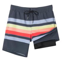SURF CUZ Shorts de Banho Masculinos com Forro Compressivo, Secagem Rápida, 7" de Comprimento, Estampa Listras ao Pôr do Sol, Tamanho L SURF CUZ Shorts de Banho Masculinos com Forro Compressivo, Secagem Rápida, 7" de Comprimento, Estampa Listras ao Pôr do Sol, Tamanho L