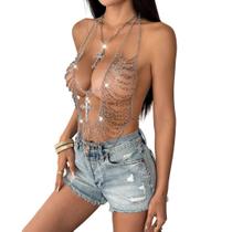 Sutiã Body Chain Halter Silver Metal Tassel Cross Women