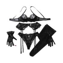 Sutiã De Renda Preta Bordado Com Luvas E Meias Penduradas Para Modelagem Corporal Sutiã De Renda Preta Bordado Com Luvas E Meias Penduradas Para Modelagem Corporal