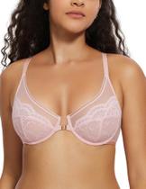 Sutiã Deyllo feminino de renda com fecho frontal Racerback 34D rosa claro Sutiã Deyllo feminino de renda com fecho frontal Racerback 34D rosa claro