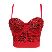 Sutiã feminino de malha de renda com strass e diamante, blusa curta