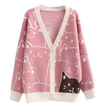 Sweater Coat ebossy Kawaii Cardigan Cartoon Cat para mulheres