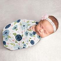 Sweet Jojo Designs Aquarela Floral Baby Girl Swaddle Cobertor Jersey Stretch Knit para recém-nascido ou bebê recebendo segurança - Azul marinho e rosa blush Boho Shabby Chic Rose Flower