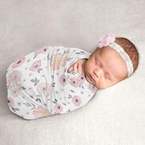 Sweet Jojo Designs Aquarela Floral Baby Girl Swaddle Cobertor Jersey Stretch Knit para recém-nascido ou bebê recebendo segurança - Blush rosa, cinza e branco Boho Shabby Chic Rose Flower