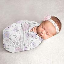 Sweet Jojo Designs Aquarela Floral Baby Girl Swaddle Cobertor Jersey Stretch Knit para recém-nascido ou bebê recebendo segurança - Lavanda roxa, rosa e cinza Boho Shabby Chic Rose Flower