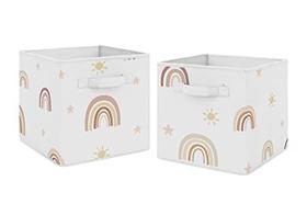 Sweet Jojo Designs Boho Rainbow Foldable Fabric Storage Cube Bins Boxes Organizer Toys Kid Baby Children - Set of 2 - Blush Pink Dusty Rose Gold Yellow Mauve Taupe Beige Bohemian Stars Sun Celestial