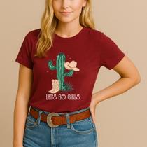 T-shirt Algodão Feminina Estamp Let's Go Cacto Verde Linda Minimalista Country Camiseta Blusa Show