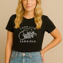 T-shirt Algodão Feminina Estamp Longe Live Chapéu Flores Minimalista Fofo Camiseta Peão Country Agro