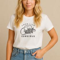T-shirt Algodão Feminina Estamp Longe Live Chapéu Flores Minimalista Fofo Camiseta Peão Country Agro