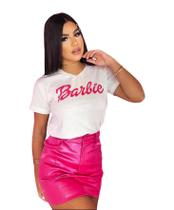 T Shirt Baby Look Blusa Viscolycra Rosa Pink Gola V Coleção Estampa Barbie