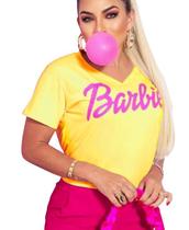 T Shirt Baby Look Blusa Viscolycra Rosa Pink Gola V Coleção Estampa Barbie