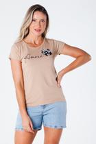 T-Shirt Baby Look Estampa Amore com Aplique de Flor Viscolycra Bege