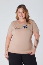 T-Shirt Baby Look Plus Size Estampa Amore com Aplique de Flor Viscolycra Bege