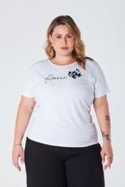 T-Shirt Baby Look Plus Size Estampa Amore com Aplique de Flor Viscolycra Branca