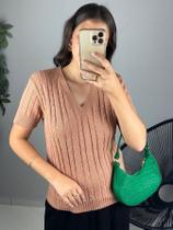 T Shirt Blusa De Manga Curta Feminina Tricot Malha Modal Trança Básica Tramas 38 A 44 Decote Em V