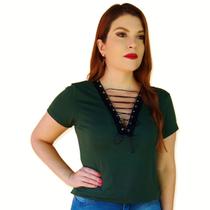 T-Shirt Blusa Feminina Decote V com Ilhós Trançado Cordão