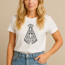 T-shirt Católica Estampa Nossa Senhora Aparecida Terço Oração Fé Cristã Algodão Unissex Espiritual T-shirt Católica Estampa Nossa Senhora Aparecida Terço Oração Fé Cristã Algodão Unissex Espiritual