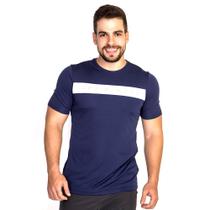 T Shirt Esportiva Tecido Poliéster Lisa BM9 Azul Marinho Faixa Central Masculina Academia Movimento