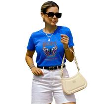 T-shirt Estonada Azul com Estampa Borboleta Believe