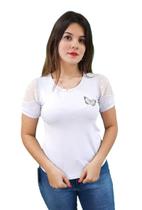 T-Shirt Feminina Branca Borboleta com Brilho e Manga de Tule com Poá