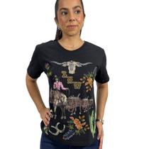 T-shirt Feminina Country Western Zoe Desenho Boiada E Strass T-shirt Feminina Country Western Zoe Desenho Boiada E Strass