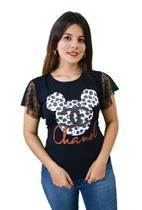 T-shirt Feminina de Onça Manga de Tule Com Poá e pedras de Brilho Preta