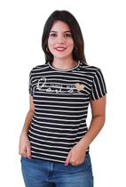 T-Shirt Feminina Do All Things With Love Preta Listrada com Coração Dourado