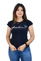 T-Shirt Feminina Freedom com aplique de Borboleta e manga Dupla Preta