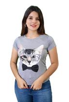 T-Shirt Feminina Gato com Óculos de brilho e Gravata Cinza