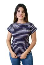 T-shirt Feminina Listrada Azul e Bege Malha com Botões no Ombro