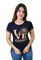 T-Shirt Feminina Love com flor e Pedras de Brilho e manga de punho Preta