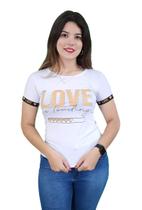 T-Shirt Feminina Love Loading Branca Com Detalhe de Pedras com Brilho Preto