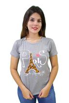 T-Shirt Feminina Love Paris Torre Eiffel com pedras de Brilho e Onça Cinza