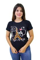 T-Shirt Feminina Love Paris Torre Eiffel com Pedras de brilho e Onça Preta