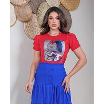 T-shirt feminina luxo Plus size com aplicação 100% algodão