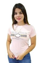 T-Shirt Feminina Merci Beaucoup Rosa Malhal com pedras de brilho colada nas letras