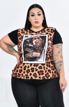 T-Shirt Feminina Miss Musa Plus Size de Sedinha c/ Viscolycra - Mulher Onça T-Shirt Feminina Miss Musa Plus Size de Sedinha c/ Viscolycra - Mulher Onça